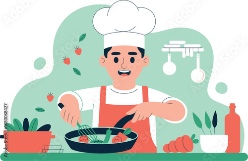 Chef Cooking Healthy Food in Kitchen