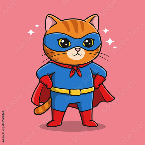 Cute Superhero Cat Cartoon – Masked Kitty in Cape Vector Illustration