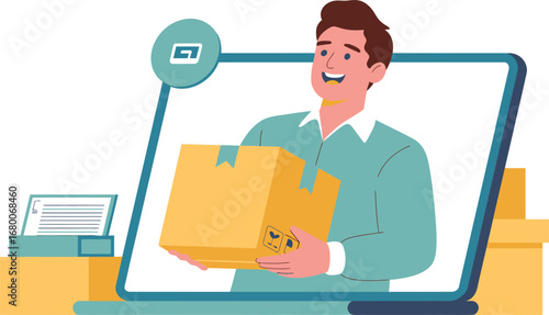 Man holding package on laptop screen, delivery service