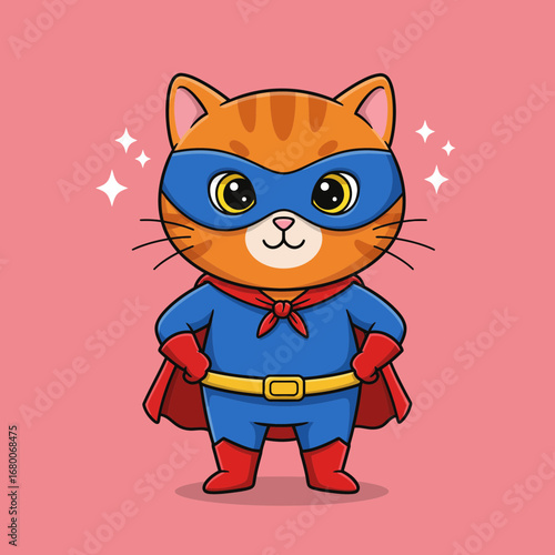 Cute Superhero Cat Cartoon – Masked Kitty in Cape Vector Illustration