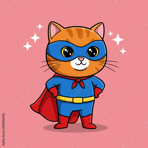 Cute Superhero Cat Cartoon – Masked Kitty in Cape Vector Illustration