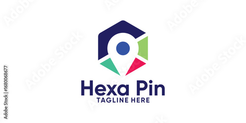 logo design hexagon and pin map,location,point,local,design modern creative.