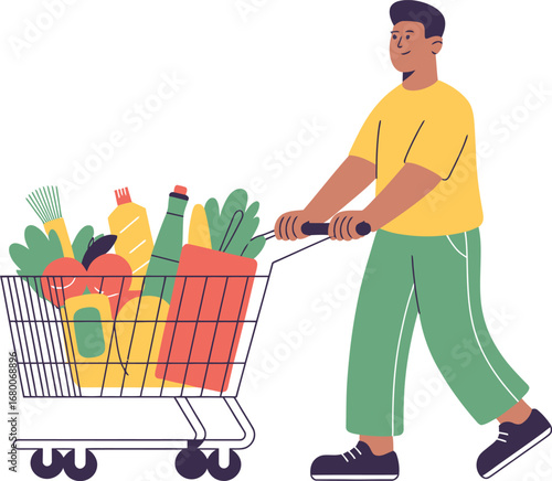 Man Pushing Shopping Cart Full of Groceries