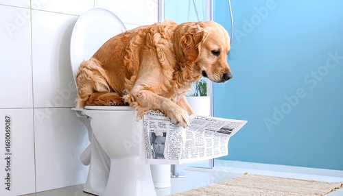 Golden retriever dog reading newspaper in toilet