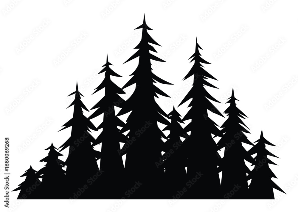 Obraz premium Silhouette of pine trees with sharp points forming a dense forest cluster. Vector cartoon illustration