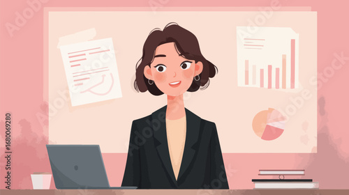A confident businesswoman sits at her desk, smiling, in a modern workspace. Behind her are charts and graphs, indicating a productive environment focused on success.