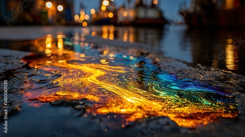 Wallpaper Mural Puddle reflects city lights creating rainbow effect on pavement at night. Torontodigital.ca