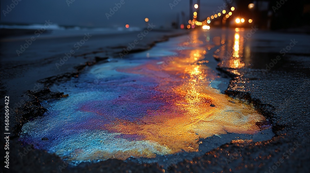 custom made wallpaper toronto digitalOil slick reflects colorful light on pavement near street lights at night.