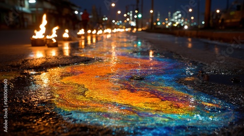 Wallpaper Mural Oil slick on wet road surface reflecting city lights at night. Torontodigital.ca