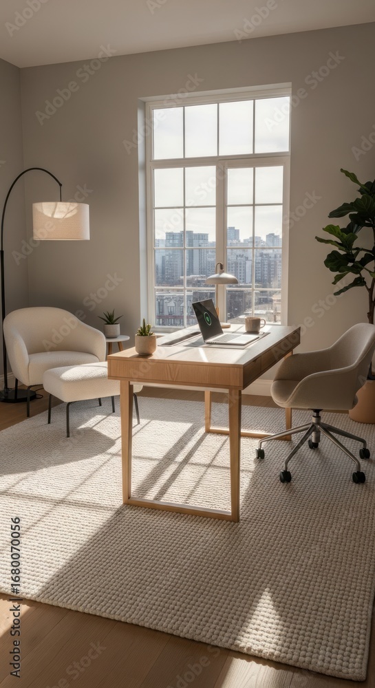 Obraz premium Modern Home Office Interior with Natural Light, City View, Wooden Desk, and Cozy Seating Area