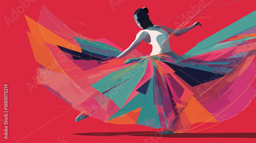 A dancer twirls in a colorful outfit, creating a dynamic swirl of fabric. The vibrant hues contrast against a bold red background, showcasing motion and artistic expression.