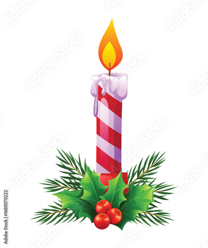 Festive Christmas candle with red and white stripes, decorated with holly leaves and berries. Vector cartoon illustration