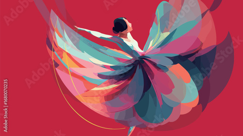 A graceful dancer spins elegantly, wearing a stunning dress that resembles colorful flower petals. The vivid hues create a captivating visual against the bold red background.