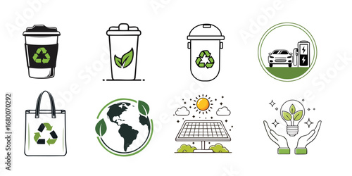 Sustainability living set - ecology icon - environment symbol green black color - natural vibes