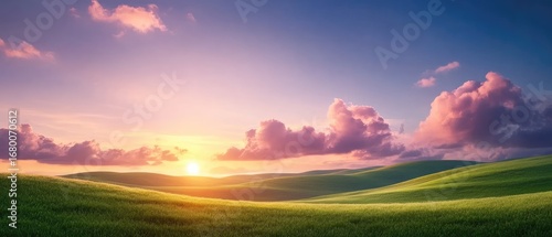 Stunning sunrise over rolling green hills breathtaking landscape photography tranquil nature scene vibrant colors serene atmosphere wide-angle view