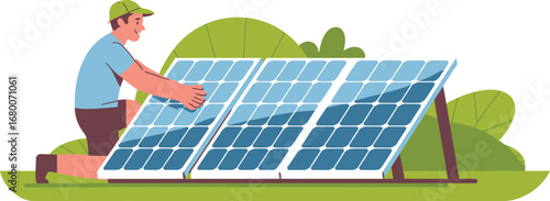 Man installing solar panels in a green environment