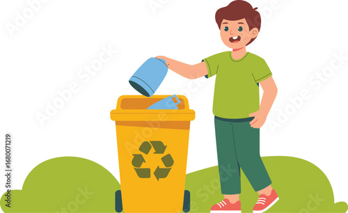 Boy Recycling Plastic Bottle into Yellow Bin