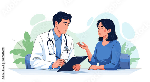 A compassionate doctor takes notes on a clipboard while a female patient describes her symptoms during a clinic visit