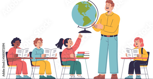 Teacher and Students in a Classroom with a Globe
