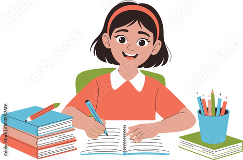 Young girl happily studying at a desk with books and pencils
