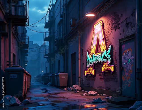 Graffiti Letter Art on Urban Alley Wall at Night