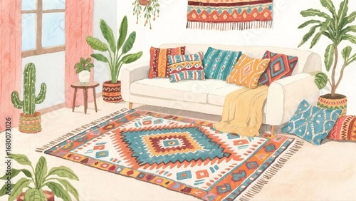 Watercolor illustration of bohemian style living room, hand-drawn ethnic rug, pillows, and plants