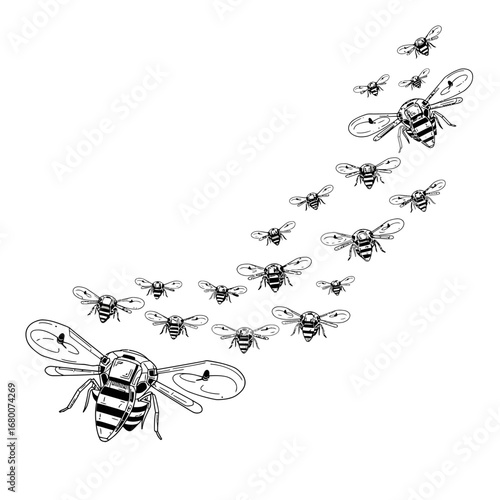 Swarm of Bees in Flight Line Art Illustration