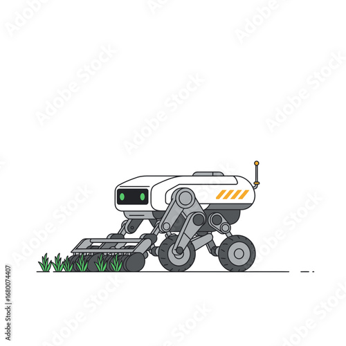 White Robot Lawnmower Mowing Green Grass