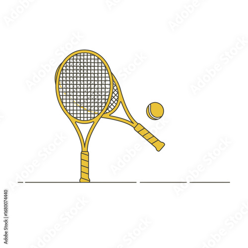 Yellow Tennis Racquet and Ball Line Art Illustration