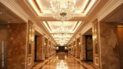 Wallpaper Mural Luxury Hotel Corridor with Elegant Marble Flooring and Crystal Chandeliers. 4k video Torontodigital.ca
