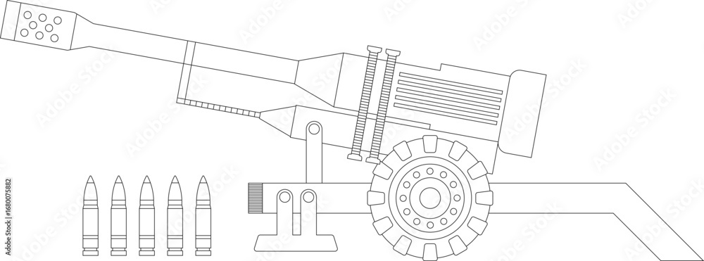 Obraz premium Hand drawn cannon artillery gun for coloring page. Defense, war, army, strategy, and weapon design concept