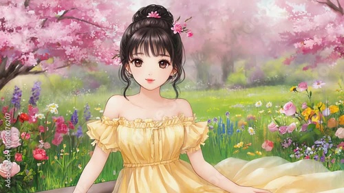 Anime Girl in a Yellow Dress Amidst Blooming Cherry Blossoms