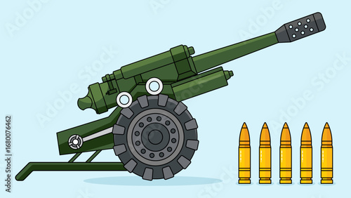 Cannon artillery gun. Field artillery. Military cannon artillery with ammunition. Perfect for defense, war, army, strategy, and weapon design concepts.