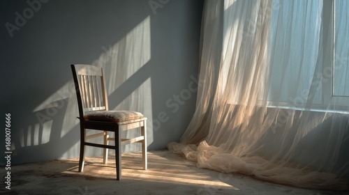 Sunlit minimalist corner with sheer linen curtain gently lifted by breeze, soft glow filling the space, muted tones creating calm atmosphere, safety, familiarity and serene negative space