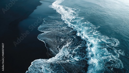Aerial view of dark sand beach meeting turquoise waves