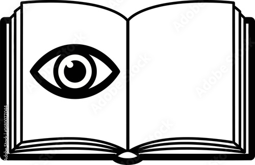 Open Book with Eye Icon, Black and White Illustration