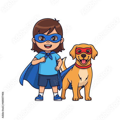 Whimsical illustration of a super girl and her super dog sidekick, showcasing the powerful bond of friendship and imaginative play
