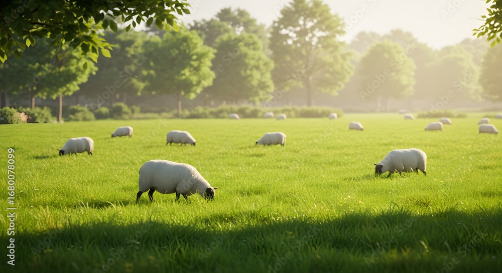 Fototapeta premium Sheep graze in a bright green field with trees in the background