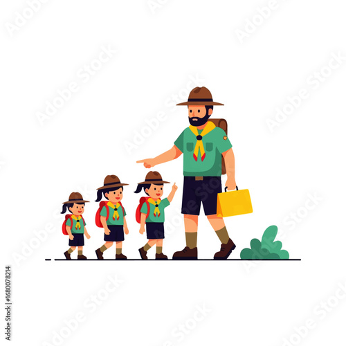 A bearded scout leader guides three young girl scouts on a nature walk, their backpacks and cheerful expressions suggesting an adventurous and happy journey.