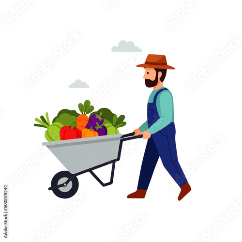 A bearded farmer in overalls confidently pushes a wheelbarrow brimming with a colorful harvest of fresh vegetables under a partly cloudy sky.