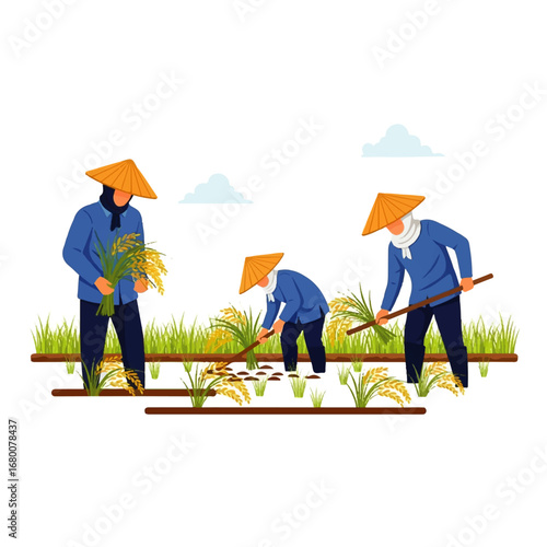 Three farmers diligently harvest golden rice stalks in a vibrant paddy field under a serene, sunny sky.