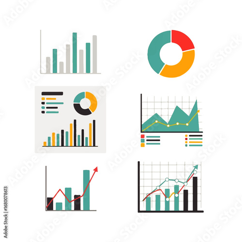 Colorful bar charts and pie charts illustrate data growth and progress, showcasing positive business trends and financial success.
