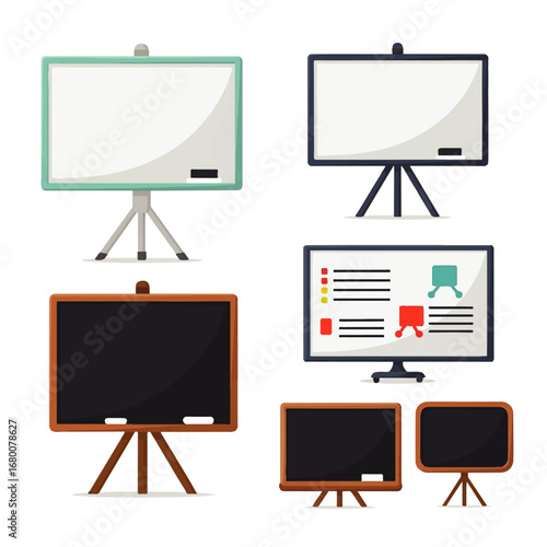 A collection of blank whiteboards and blackboards on easels, ready for presentations or classroom use, conveying a clean and organized educational concept.