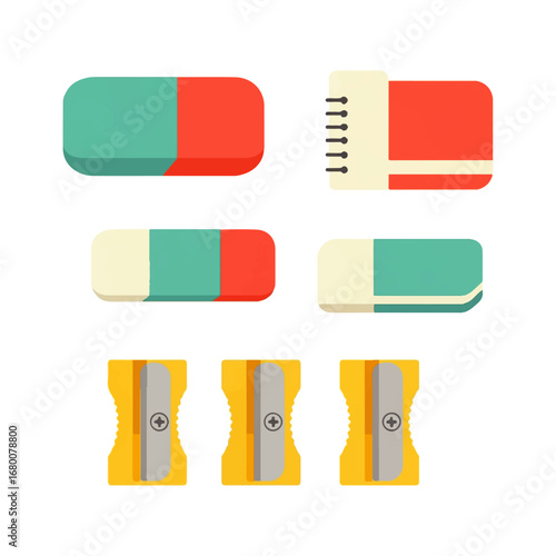 Colorful erasers and pencil sharpeners arranged on a white background, representing school supplies and a cheerful, back-to-school vibe.