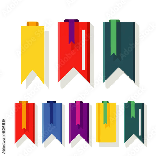 Colorful bookmarks with ribbons, arranged in a grid, illustrating a concept of reading, organization, and knowledge.