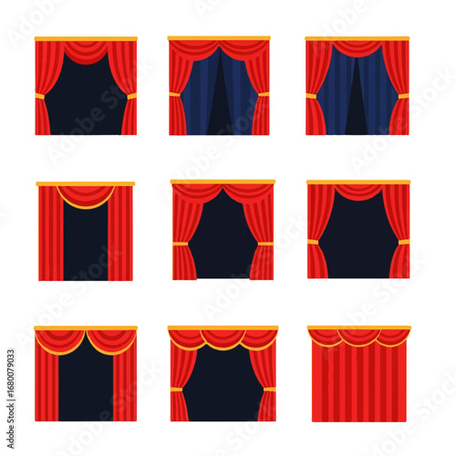 Nine variations of elegant red stage curtains, drawn in a flat style, ready to reveal a dramatic performance.