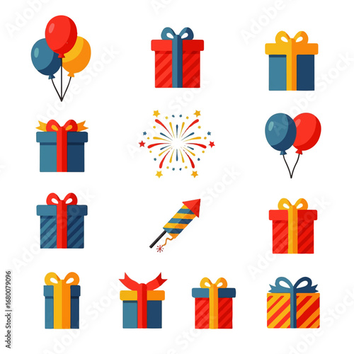 Colorful gift boxes, balloons, and fireworks celebrate a joyful occasion, symbolizing happiness and festivity.
