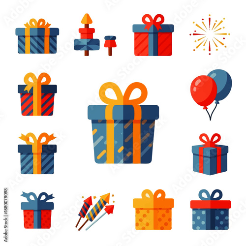 Festive gift boxes, balloons, and fireworks celebrate a joyful birthday or party.