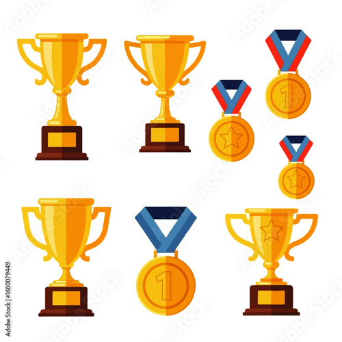 Gold trophies and medals celebrate achievement, symbolizing victory and success in a flat design style.