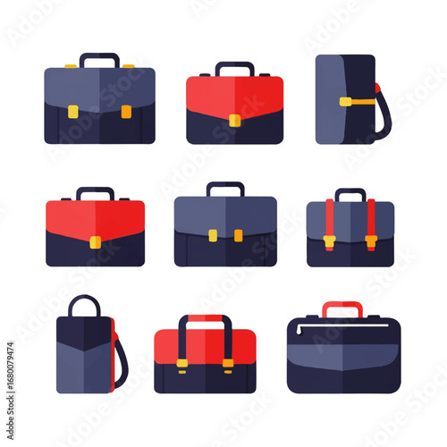 Nine stylish briefcase and bag icons in red and blue, ideal for business or travel concepts.